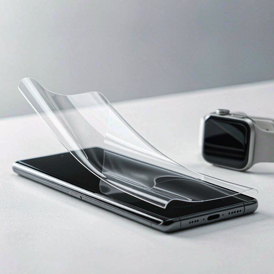 EPU screen protector film on a curved phone beside a smartwatch